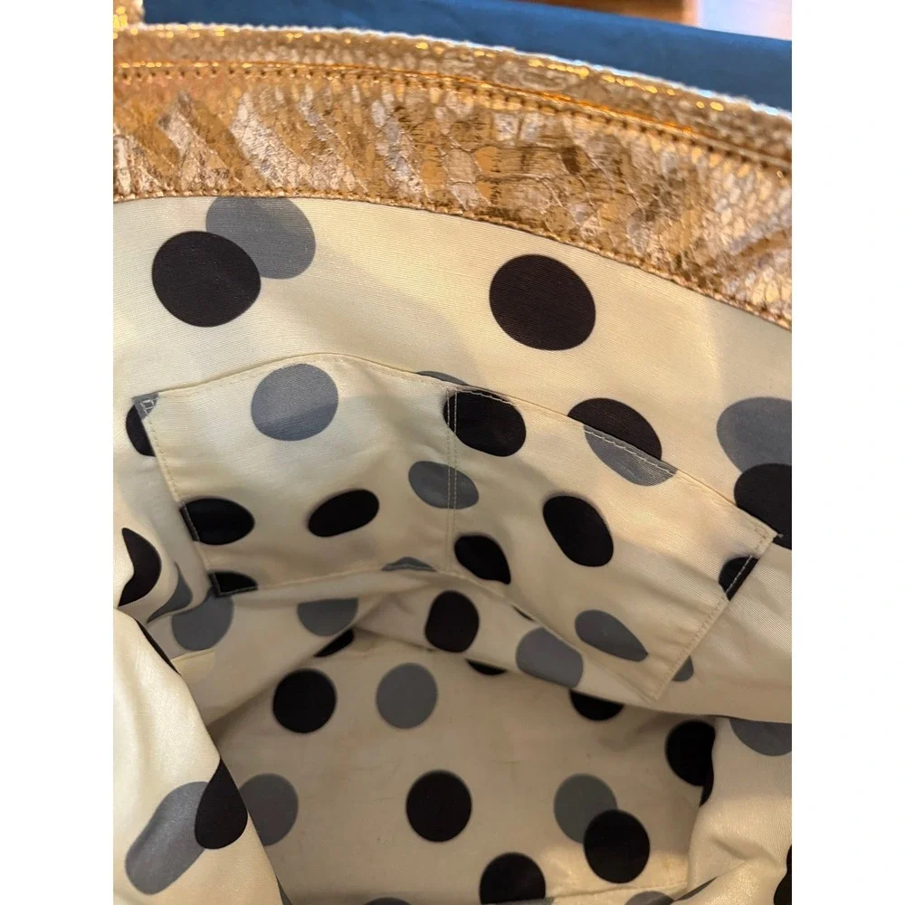 Vintage Kate Spade Gold Metallic Snakeskin Embossed Tote Bag Polka Dot Lining